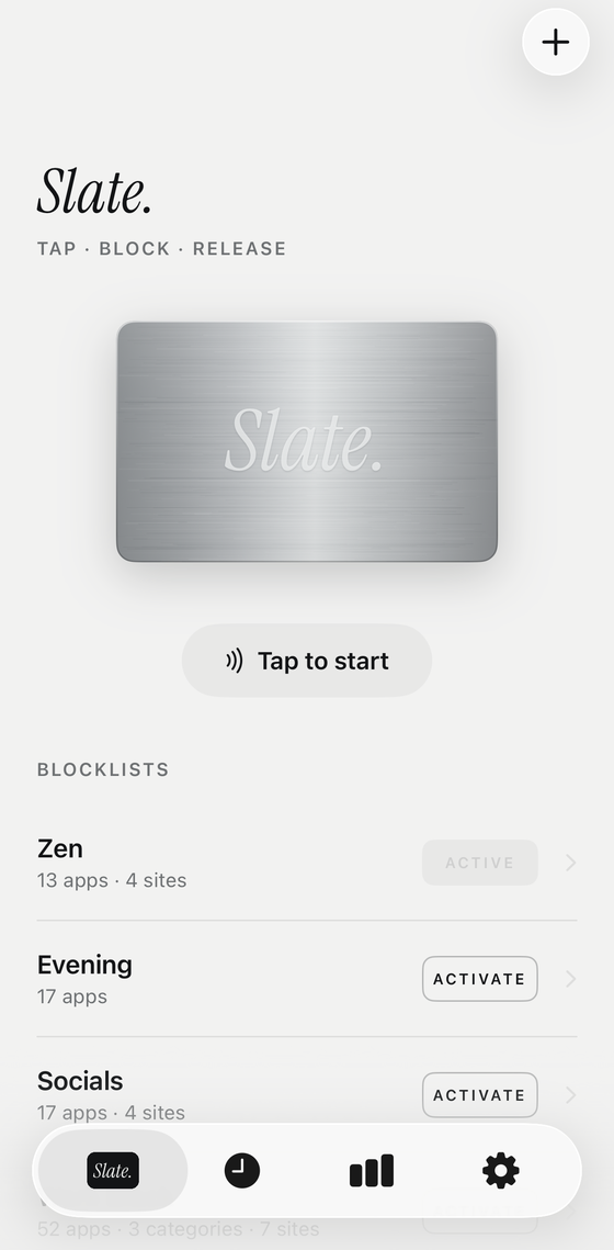 The Slate app home screen: the card, tap to start, and blocklists
